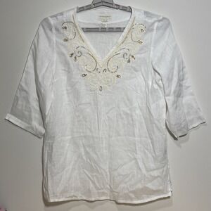 Cynthia Rowley White Linen Tunic Top Coastal Grandma Cowgirl Beaded Neckline XL